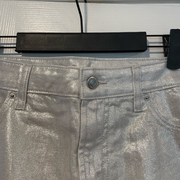 NWT Old Navy Size 10 Silver Shine Metallic Zip Stretch Denim A Line Mini Skirt - Picture 2 of 12